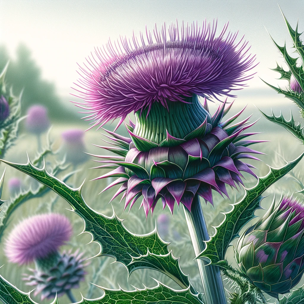 Milk thistle (Silybum marianum) is a striking plant with spiky leaves marbled with white veins and topped with vibrant purple flowers.